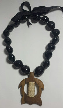 Black Kukui Nut Lei with wood Petro Honu - FREE SHIPPING!