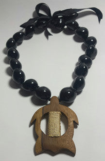 Black Kukui Nut Lei with wood Petro Honu - FREE SHIPPING!