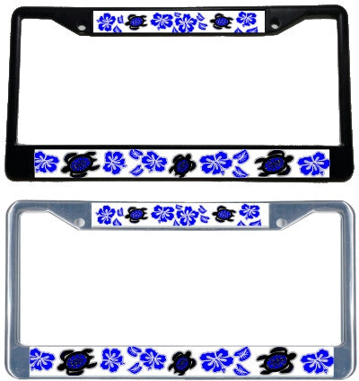 Honu Hibiscus Blue - Metal License Plate Frame - Black & chrome
