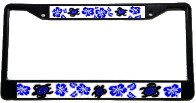 Honu Hibiscus Blue - Metal License Plate Frame - Black & chrome