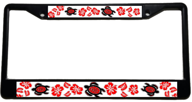 Honu Hibiscus RED - Metal License Plate Frame - Black & chrome