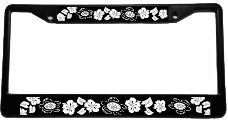 Honu Hibiscus Blk/Wht - Metal License Plate Frame - Black & chrome