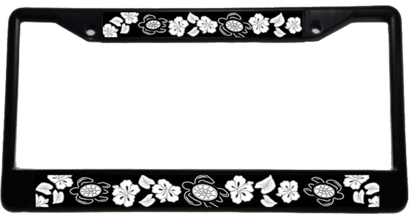 Honu Hibiscus Blk/Wht - Metal License Plate Frame - Black & chrome