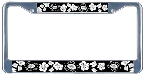 Honu Hibiscus Blk/Wht - Metal License Plate Frame - Black & chrome