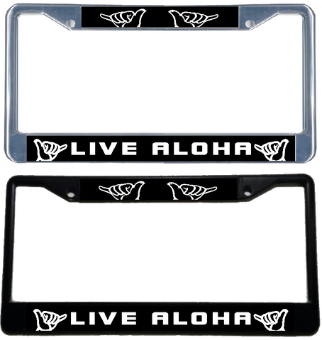LIVE ALOHA Shaka - Metal License Plate Frame - black & chrome