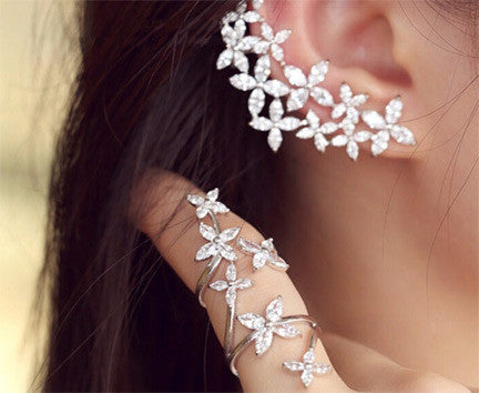 Cubic Zirconia Silver Flower Ring 2 piece - FREE SHIPPING!