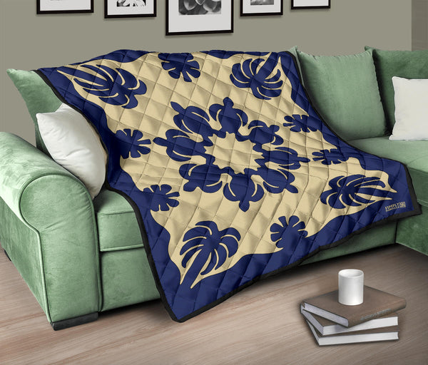 Honu Palm Blue/Natural Printed Quilted Blanket