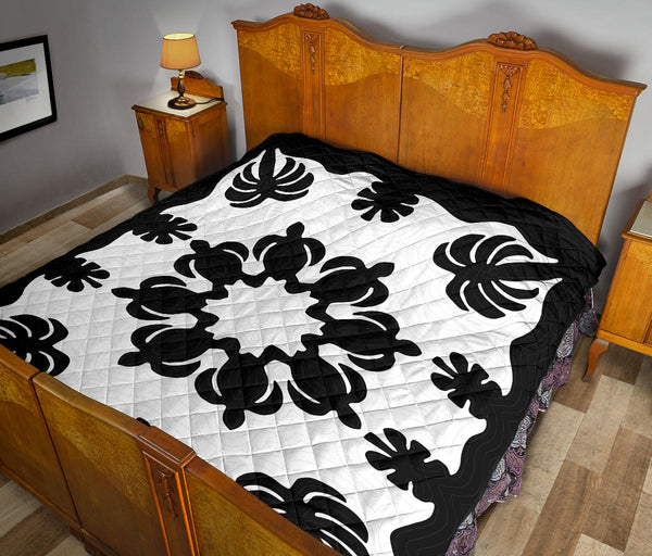Honu Palm Black White Printed Quilted Blanket