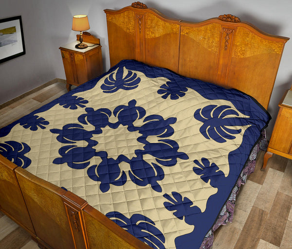 Honu Palm Blue/Natural Printed Quilted Blanket