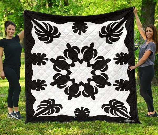 Honu Palm Black White Printed Quilted Blanket