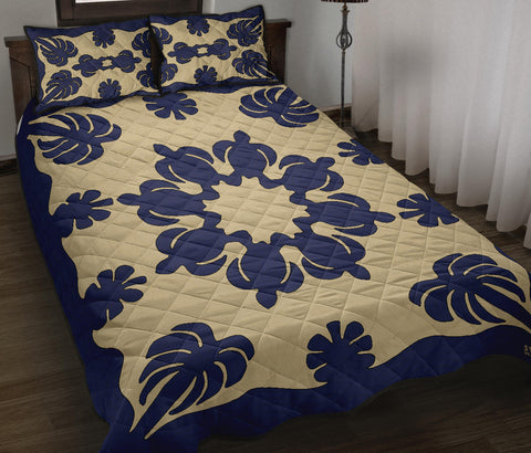 Honu Palm Printed Quilt Bed Set w/Pillow Cases - Blue Natural