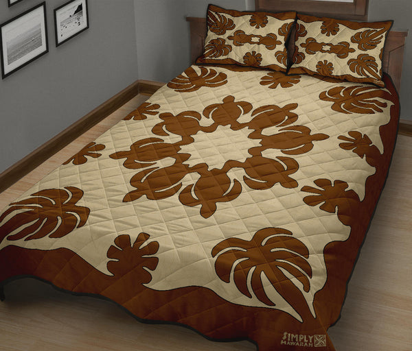 Honu Palm Printed Quilt Bed Set w/Pillow Cases - Brown Natural