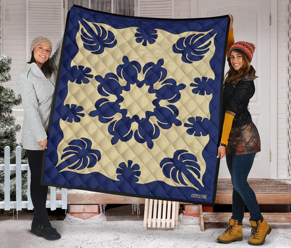 Honu Palm Blue/Natural Printed Quilted Blanket