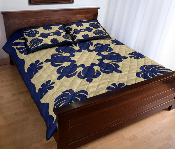 Honu Palm Printed Quilt Bed Set w/Pillow Cases - Blue Natural