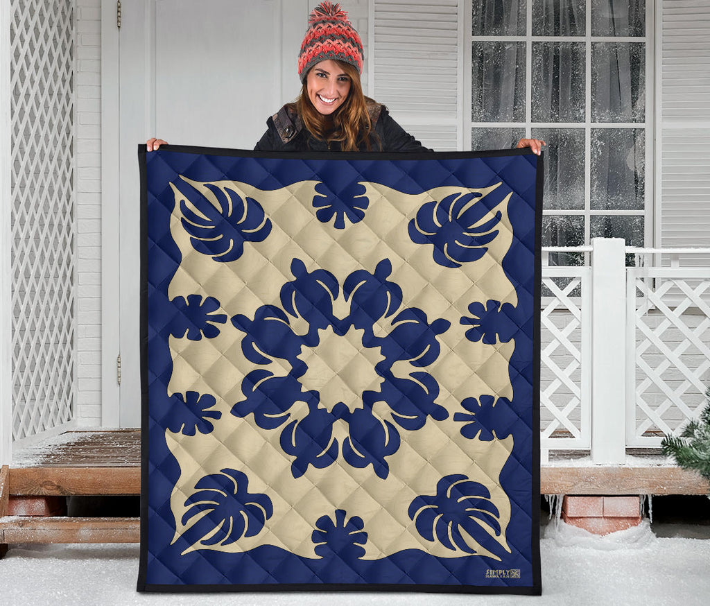 Honu Palm Blue/Natural Printed Quilted Blanket