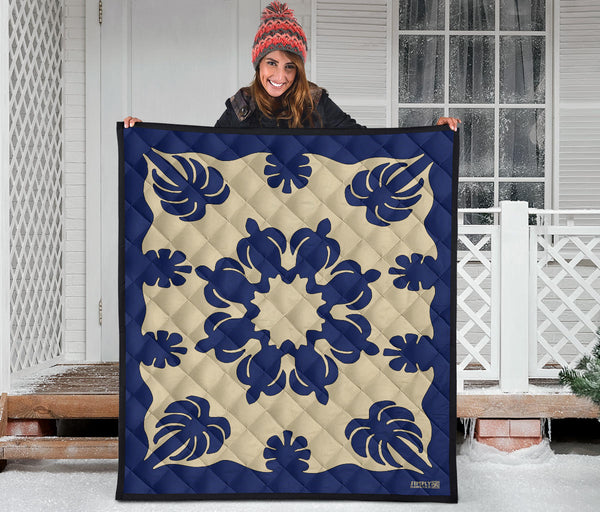 Honu Palm Blue/Natural Printed Quilted Blanket