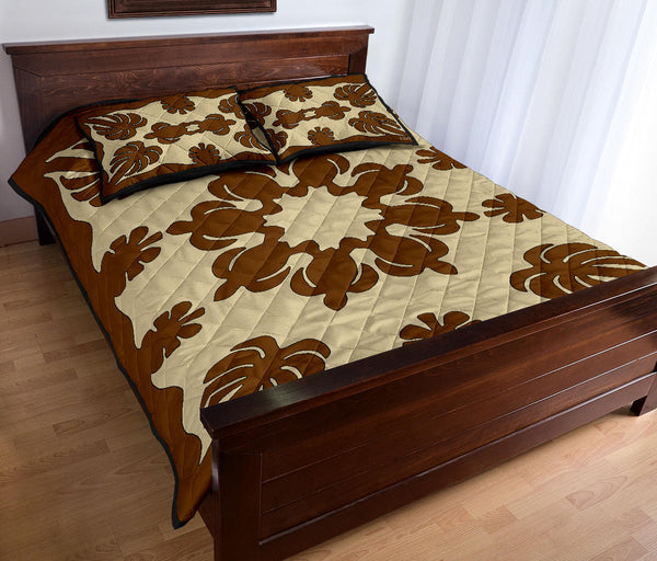 Honu Palm Printed Quilt Bed Set w/Pillow Cases - Brown Natural