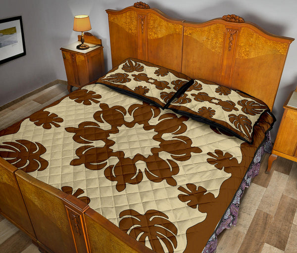 Honu Palm Printed Quilt Bed Set w/Pillow Cases - Brown Natural