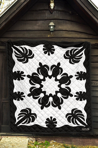 Honu Palm Black White Printed Quilted Blanket