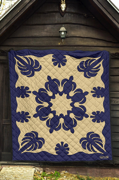 Honu Palm Blue/Natural Printed Quilted Blanket