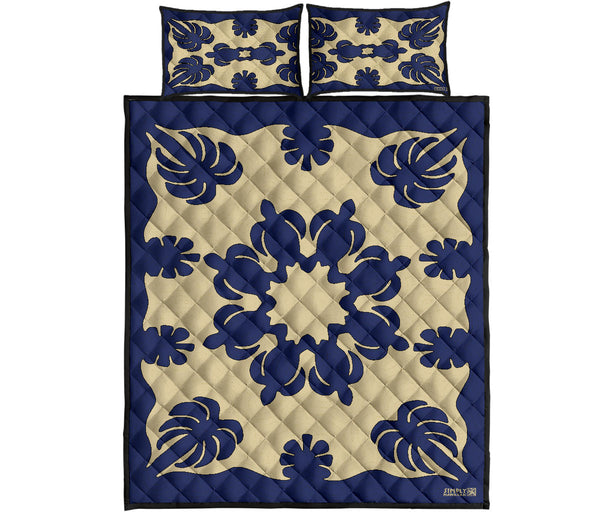 Honu Palm Printed Quilt Bed Set w/Pillow Cases - Blue Natural