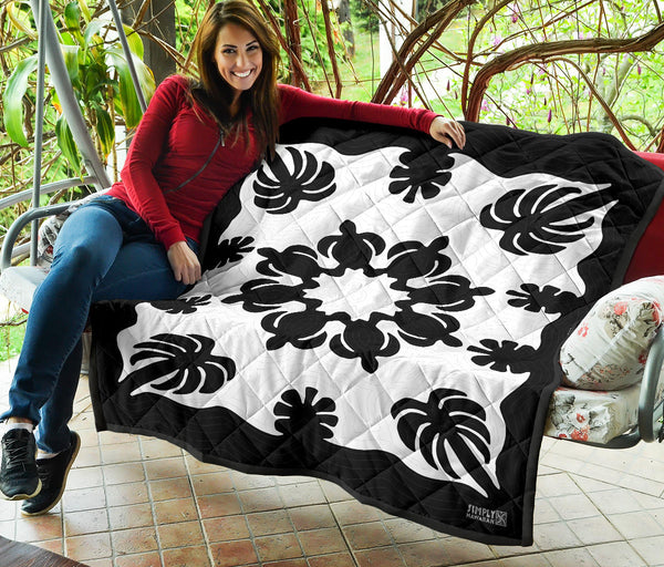 Honu Palm Black White Printed Quilted Blanket