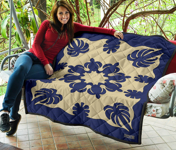 Honu Palm Blue/Natural Printed Quilted Blanket