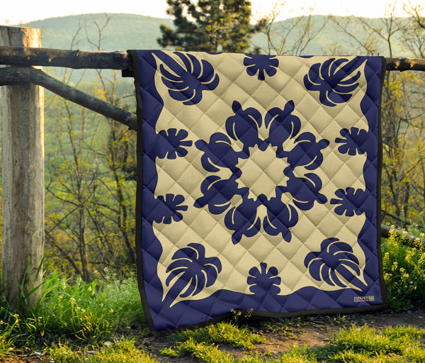 Honu Palm Blue/Natural Printed Quilted Blanket