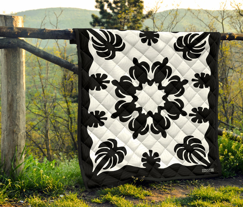 Honu Palm Black White Printed Quilted Blanket