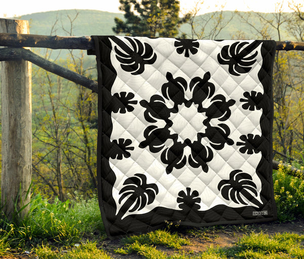 Honu Palm Black White Printed Quilted Blanket