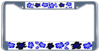 Honu Hibiscus Blue - Metal License Plate Frame - Black & chrome