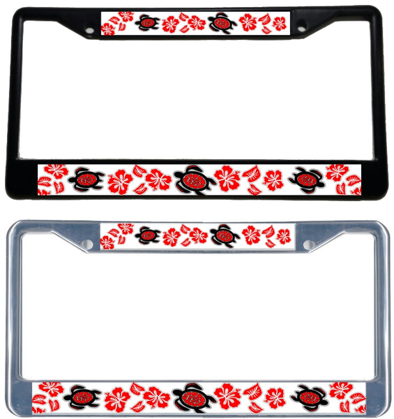 Honu Hibiscus RED - Metal License Plate Frame - Black & chrome