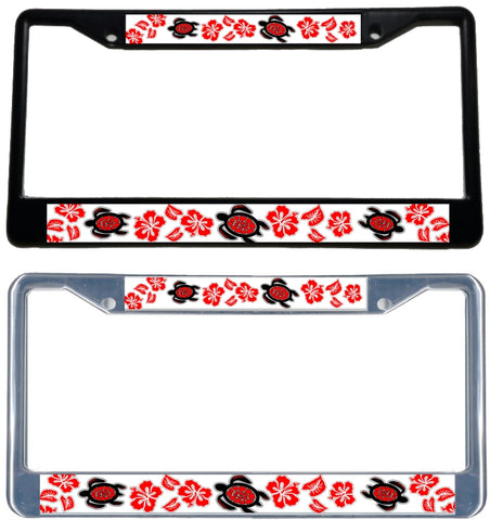 Honu Hibiscus RED - Metal License Plate Frame - Black & chrome
