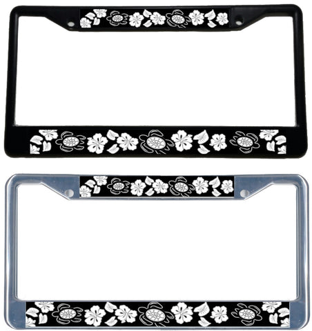 Honu Hibiscus Blk/Wht - Metal License Plate Frame - Black & chrome