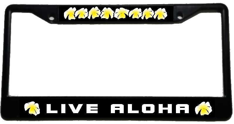 LIVE ALOHA Plumeria - Metal License Plate Frame - black & chrome