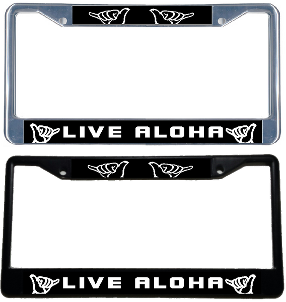 LIVE ALOHA Shaka - Metal License Plate Frame - black & chrome