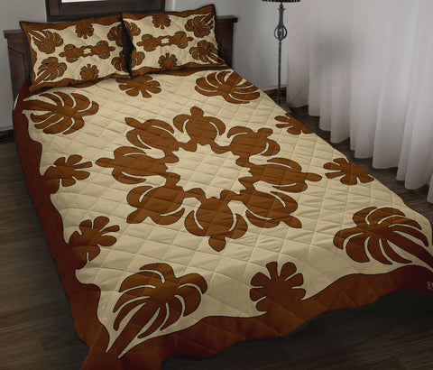 Honu Palm Printed Quilt Bed Set w/Pillow Cases - Brown Natural