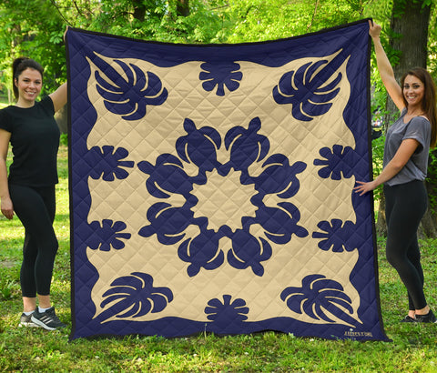Honu Palm Blue/Natural Printed Quilted Blanket