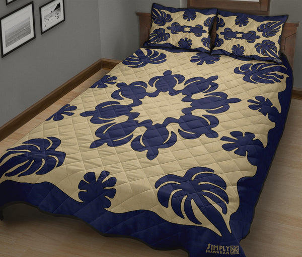 Honu Palm Printed Quilt Bed Set w/Pillow Cases - Blue Natural