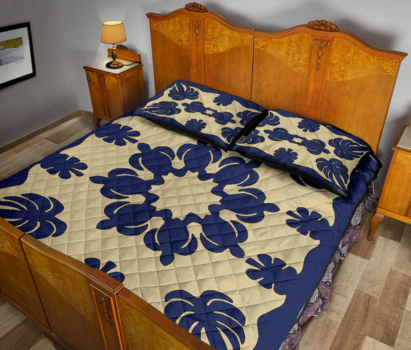 Honu Palm Printed Quilt Bed Set w/Pillow Cases - Blue Natural