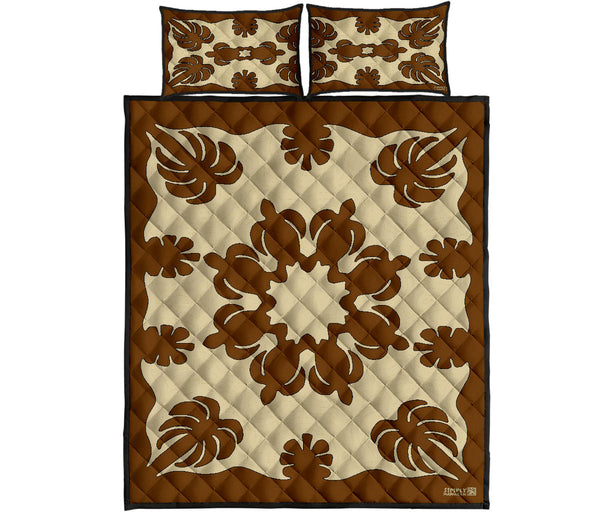 Honu Palm Printed Quilt Bed Set w/Pillow Cases - Brown Natural